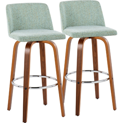 Toriano 30" Swivel Bar Stool in Walnut Wood & Light Green Fabric w/ Chrome Footrest (Set of 2)